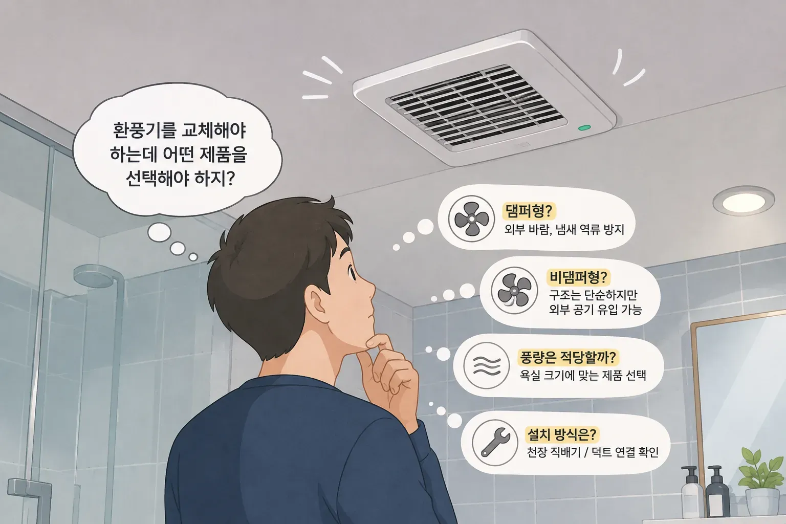 환풍기 교체 때문에 고민하는 사람의 모습