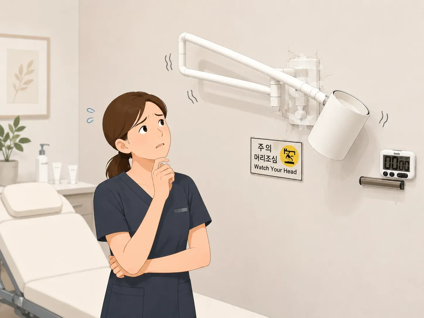 벽에 붙어있는 조명이 흔들려서 불안해하는 이미지
