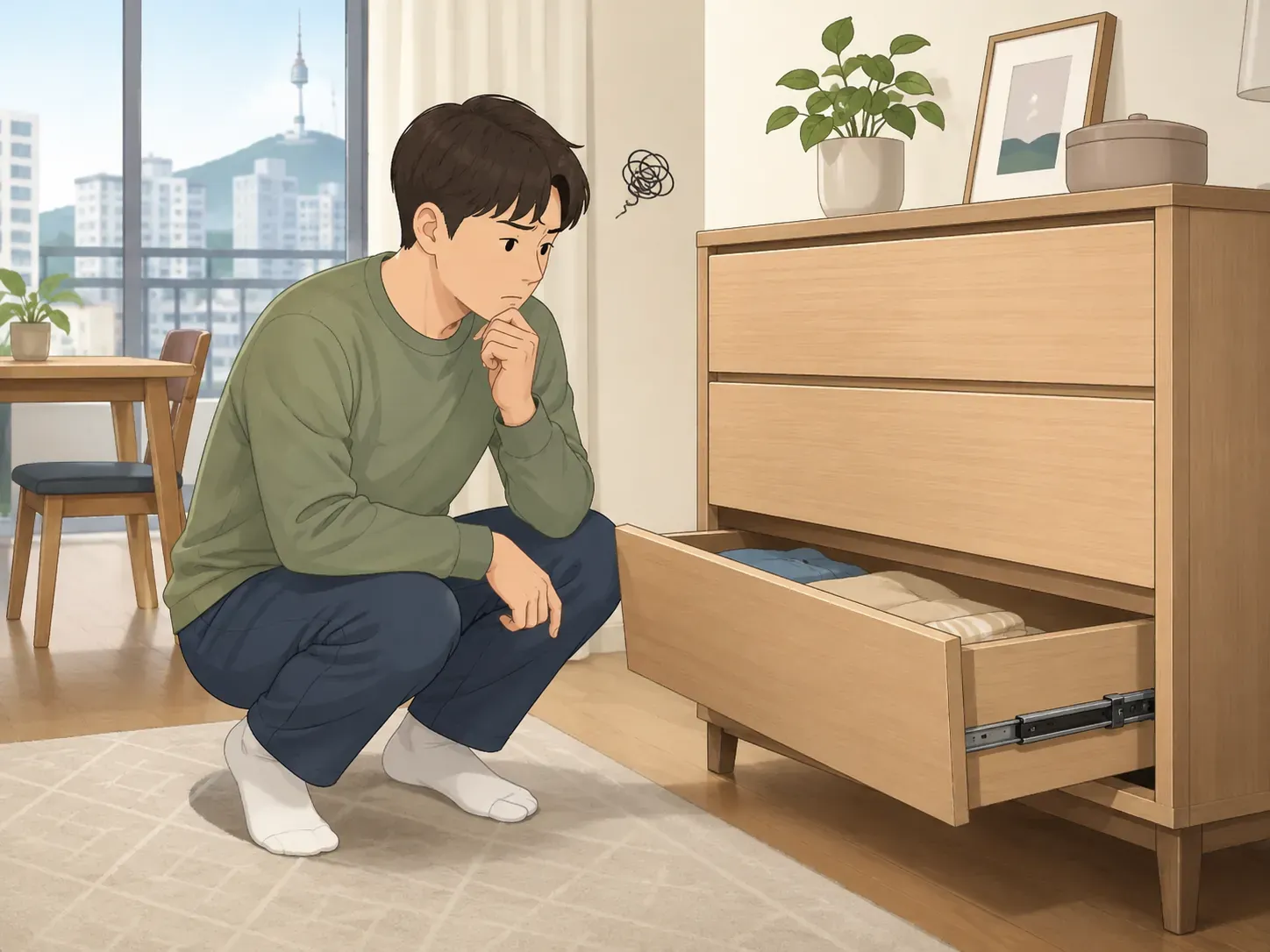 서랍이 잘 닫히지 않아 고민하는 모습