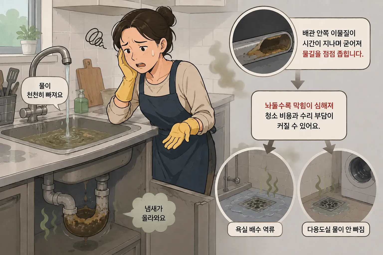 싱크대 배관 청소 미루면 생기는 문제에 대한 이해를 돕기 위한 이미지