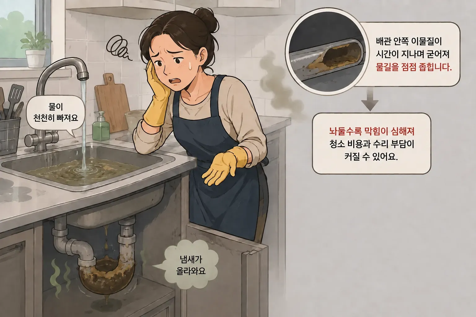 싱크대 배관 청소 미루면 생기는 문제에 대한 이해를 돕기 위한 이미지