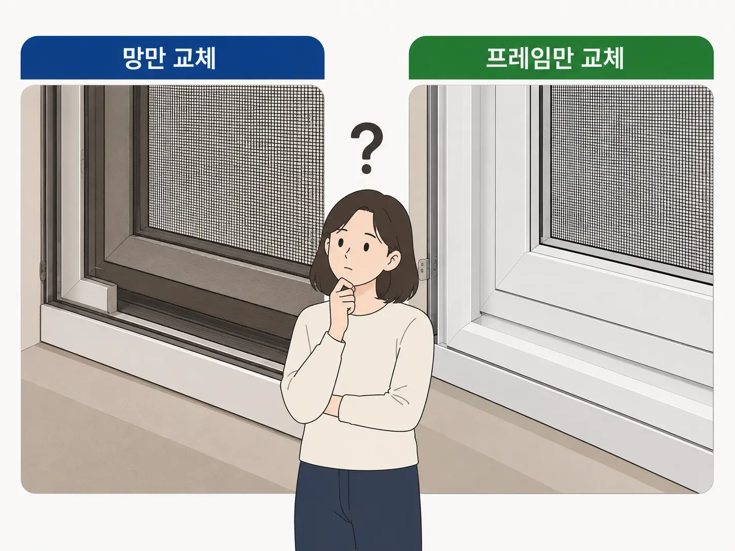 방충망 교체 범위를 고민하는 사람의 이미지
