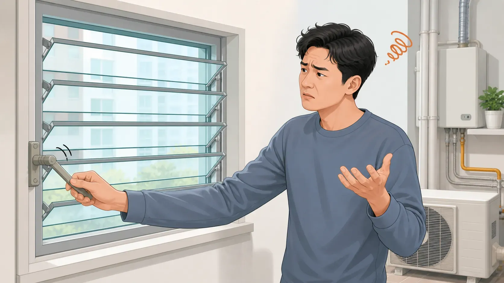 창문이 손잡이 파손으로 열리지 않아 불편해하는 상황